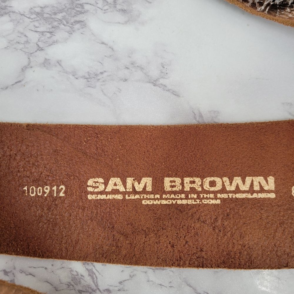 Sam Brown Wide Asymmetrical Tan Leather Belt Oversized Silver Buckle Boho - Picture 8 of 14